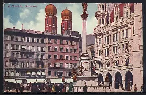 AK München, Marienplatz mit Denkmal