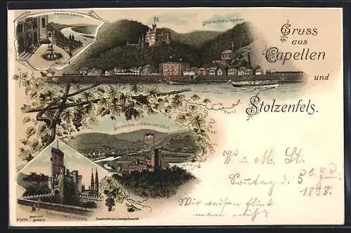 Lithographie Capellen / Rhein, Panorama mit Niederlahnstein und Hotel, Teilansicht mit Stolzenfels, Partie im Schloss