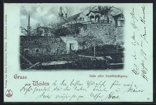 Mondschein-AK Weiden / Oberpfalz, Reste alter Stadtbefestigung