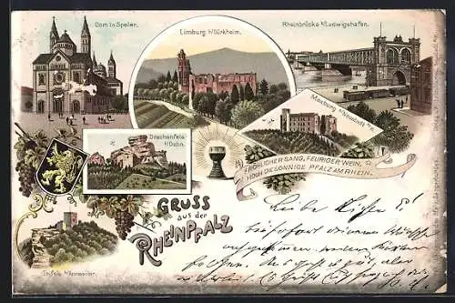 Lithographie Ludwigshafen / Rhein, Rheinbrücke, Drachenfels, Limburg, Maxburg, Trifels, Dom in Speyer