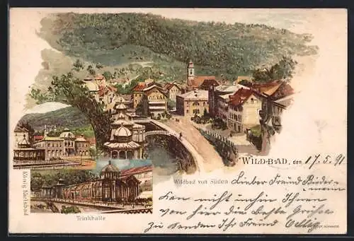 Lithographie Wildbad / Schwarzwald, Gasthaus Trinkhalle, Teilansicht von Süden, Ortspartie