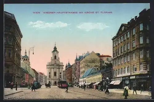 AK Wien, Wiedner Hauptstrasse mit Kirche St. Florian