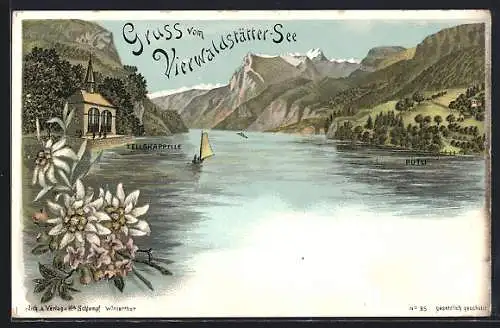 Lithographie Sisikon, Tellskappelle am Vierwaldstätter See