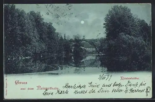 Mondschein-AK Ostritz, Klosterleithe / Neissethal vom Wasser aus gesehen