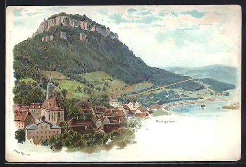 Lithographie Königstein / Sächs. Schweiz, Ortsansicht mit Kirche