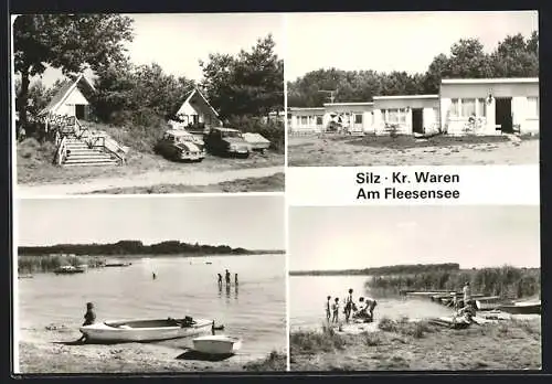 AK Silz / Meckl., Badestelle und Bungalows am Fleesensee