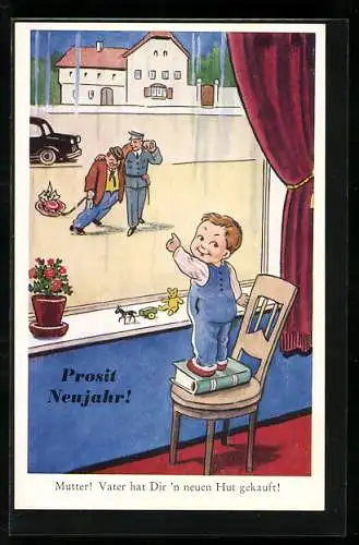 AK Polizist geleitet Betrunkenen nach Hause, Junge am Fenster Mutter, Vater hat dir einen neuen Hut gekauft