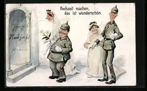 AK Ungleiche Soldaten-Hochzeitspaare vor dem Standesamt, frauenfeindlicher Humor