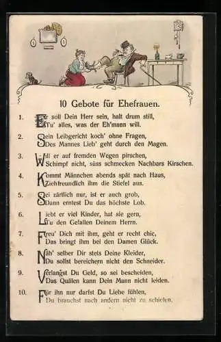 AK 10 Gebote für Ehefrauen, Frau bedient den Mann, frauenfeindlicher Humor