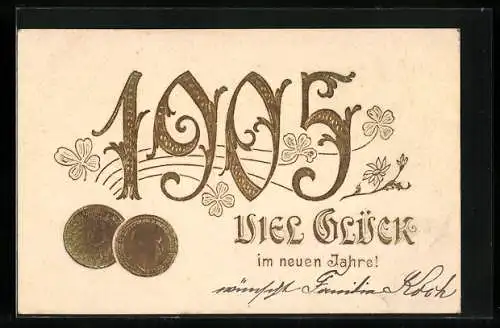 Präge-AK Neujahrskarte 1905 mit Geldmünzen