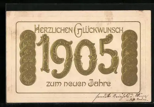 AK goldene Jahreszahl 1905 und Geldstücke