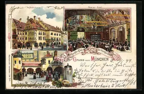 Lithographie München, Münchner Hofbräuhaus, Hof, Innen- und Aussenansicht