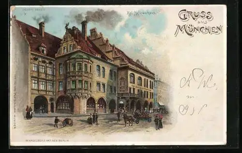 Lithographie München, Gasthof Kgl. Hofbräuhaus, beleuchtete Fenster