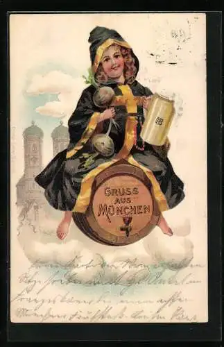 Lithographie München, Münchner Kindl fliegt auf einem Bierfass, Im Hintergrund Frauenkirche