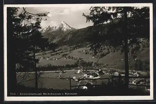 AK Bischofswiesen, Blick v. Kastensteinerwald auf den Ort und Watzmann