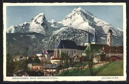 AK Berchtesgaden, Teilansicht mit Kirche gegen Watzmann