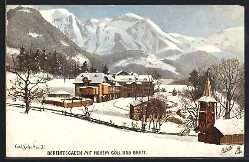 Künstler-AK Berchtesgaden, Totalansicht mit Hohem Göll und Brett