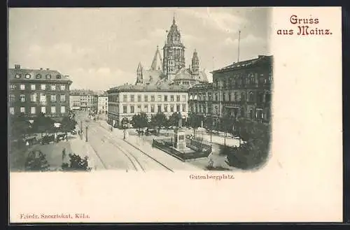 AK Mainz, Gutenbergplatz mit Kirche und Denkmal