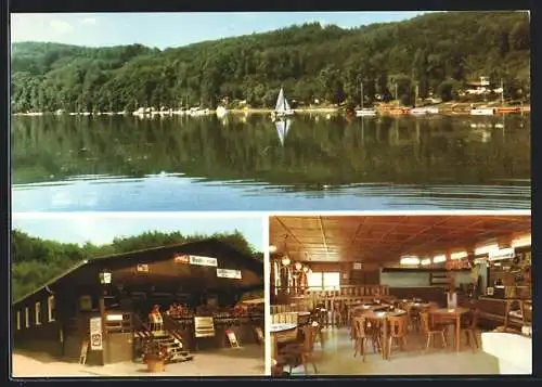 AK Maria Laach über Andernach, Restaurant am Campingplatz Laacher See, Innenansicht, Uferpartie