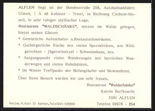 AK Alflen, Restaurant Waldschänke, Bundesstrasse 259, Innenansichten