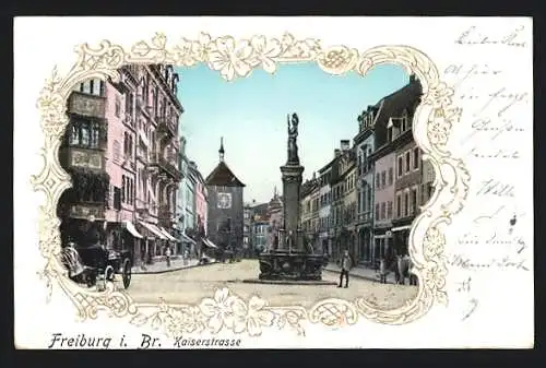 Lithographie Freiburg i. B., Kaiserstrasse mit Brunnen, Passepartout