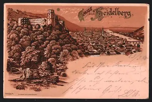 Lithographie Heidelberg, Teilansicht mit Burg bei Mondschein