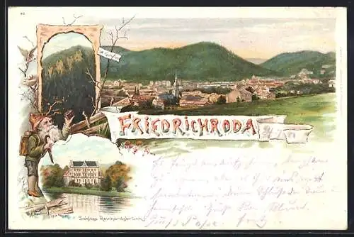 Lithographie Friedrichroda, Schloss Reinhardsbrunnen, Zwerg, Totalansicht