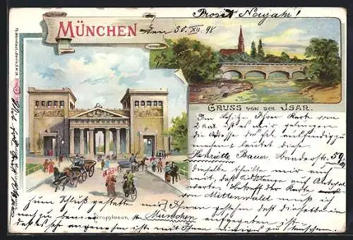 Lithographie München, Propylaeen, Isarbrücke