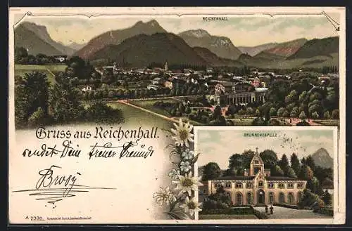 Lithographie Reichenhall, Ortsansicht vor Bergpanorama, Brunnencapelle