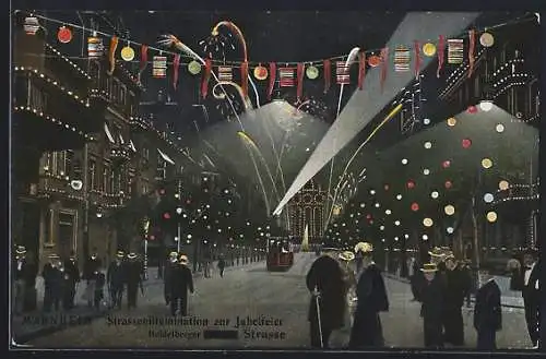 AK Mannheim, Strassenillumination zur Jubelfeier, Heidelberger Strasse mit Wasserturm und Strassenbahn