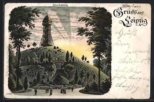 Lithographie Leipzig, Scherbelberg mit Aussichtsturm