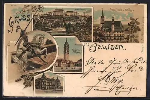 Lithographie Bautzen, Ortenburg, Petrikirche und Rathaus, Reichenturm, Gewandhaus