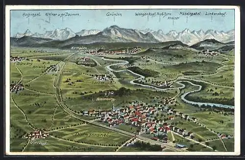 Künstler-AK Eugen Felle: Dietmannsried, Ortsansicht mit Lauben, Hirschdorf und Krugzell, Bergpanorama mit Grünten