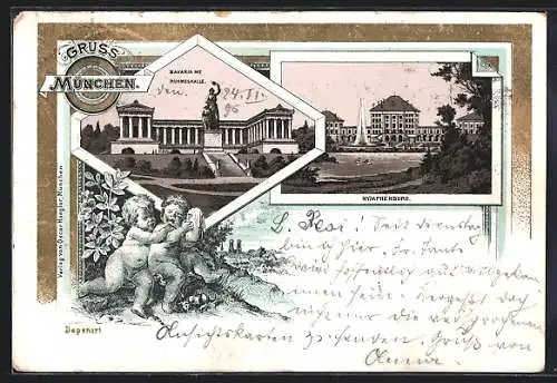 Lithographie München, Bavaria mit Ruhmeshalle, Nymphenburg