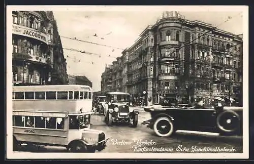 AK Berlin-Charlottenburg, Berliner Verkehr, Kurfürstendamm Ecke Joachimsthalerstrasse mit Geschäften