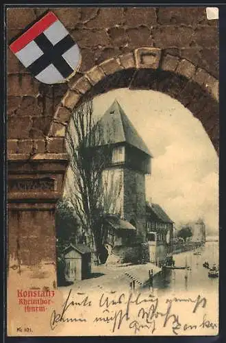 Passepartout-Lithographie Konstanz, Rheintorturm durch einen Torbogen mit Wappen