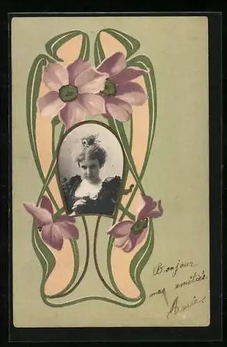 Foto-Collage-AK Hübsche Frau mit kokettem Blick, Jugendstil-Ornamentik