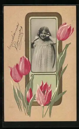 AK kleines Mädchen, Tulpen, Foto-Collage