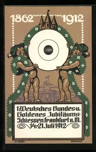 Künstler-AK Frankfurt a. Main, 17. Deutsches Bundes- & Goldenes Jubiläums-Schiessen 1912