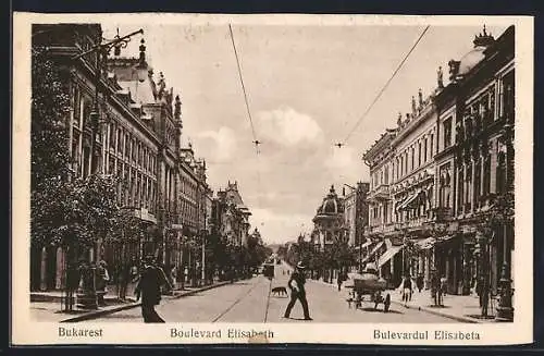 AK Bukarest, Boulevard Elisabeth mit Strassenbahn und Geschäften