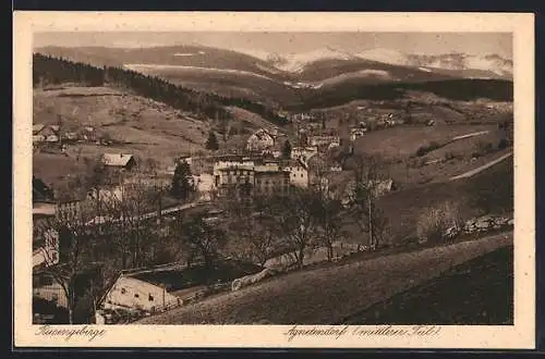 AK Agnetendorf, Mittlerer Teil der Ortschaft mit dem Riesengebirge