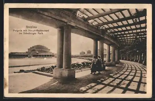 AK Breslau, Pergola mit Haupt-Restaurant in Scheitniger Park