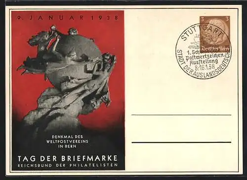 AK Stempel Stuttgart, 1. Schwäbische Postwertzeichen-Ausstellung 1938, Stadt der Auslandsdeutschen