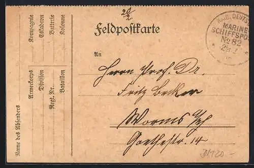 AK Schiffspoststempel Kais. Deutsche Marine-Schiffspost No. 82, 1915