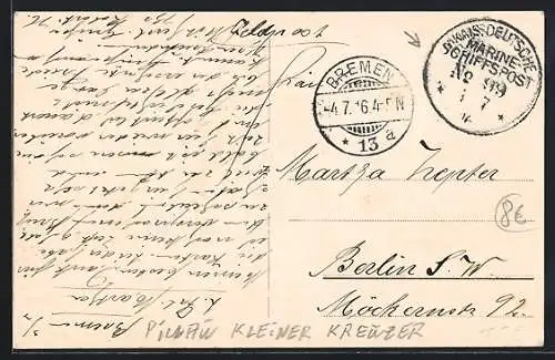 AK Schiffspoststempel Kais. Deutsche Marine-Schiffspost No. 99, 1916