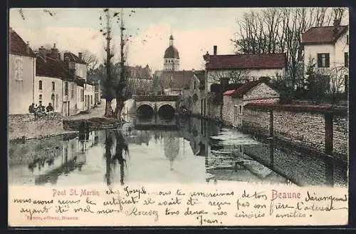 AK Beaune, Pont St. Martin avec vue sur la rivière et les bâtiments adjacents