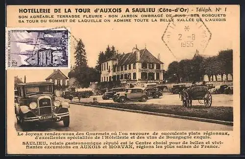 AK Saulieu, Hotellerie de la Tour d`Auxois mit antiken Autos und Kutschen