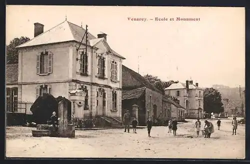 AK Venarey, école et monument avec des enfants devant