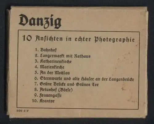 10 Fotografien Ottomar Steinbach, Danzig, Ansicht Danzig, Bahnhof, Langermarkt mit Rathaus, Marienkirche, Krantor