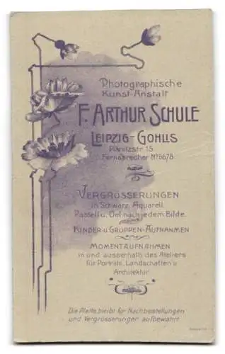 Fotografie F. Arthur Schule, Leipzig, sächsischer Feldartillerist in Uniform Rgt. 77 mit Krätzchen